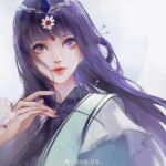  blurry_eyes chinese_clothes hair_ornament highres light long_hair mu_qing needle pink_nails qin_shi_ming_yue shao_siming_(qin_shi_ming_yue) violet_eyes weibo_id weibo_logo white_background 