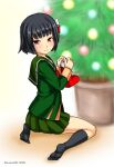  black_hair black_legwear christmas_stocking christmas_tree commentary_request from_behind green_jacket green_sailor_collar green_skirt hair_ribbon ishigaki_(kancolle) jacket kantai_collection kneehighs kudou_(ooabareteng) long_sleeves looking_at_viewer looking_back neck_ribbon one-hour_drawing_challenge pleated_skirt red_eyes red_ribbon ribbon sailor_collar school_uniform serafuku short_hair sitting skirt wariza white_ribbon 