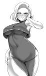 1girl android_18 blush breasts closed_mouth clothing_request covered_navel curvy dragon_ball dragon_ball_z greyscale hand_on_own_face large_breasts looking_at_viewer monochrome rom_(20) short_hair smile solo thighs 