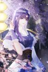  absurdres asymmetrical_sleeves chinese_clothes dress highres lantern long_hair purple_hair qin_shi_ming_yue rain shao_siming_(qin_shi_ming_yue) shao_siming_guang_wei smile veil weibo_id weibo_logo 