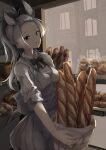  1girl baguette bakery black_bow black_bowtie bow bowtie bread collared_shirt commentary_request donkey_(kemono_friends) donkey_ears donkey_girl donkey_tail extra_ears food forehead grey_apron grey_hair highres kemono_friends kemono_friends_3 koshou_(g_ro_dorannna) multicolored_hair ponytail shirt shop short_hair sleeves_rolled_up solo white_shirt 