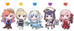 5girls bangs blonde_hair blue_eyes blue_hair chibi cup dress drinking_glass earrings evening_gown feather_earrings feathers gawr_gura gradient_hair hair_bun heart highres holding hololive hololive_english jewelry long_hair looking_at_viewer mitsumine_(ookami_no_oyashiro) mori_calliope multicolored_hair multiple_girls ninomae_ina&#039;nis official_alternate_costume open_mouth orange_hair pink_hair pointy_ears polearm purple_hair see-through shark_tail simple_background smile streaked_hair tail takanashi_kiara tako_(ninomae_ina&#039;nis) tentacle_hair trident violet_eyes virtual_youtuber watson_amelia weapon white_background wine_glass