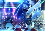  3boys band boots closed_mouth drum furry furry_male gloves green_eyes holding holding_microphone instrument keyboard_(instrument) male_focus microphone mixed-language_commentary multiple_boys music open_mouth playing_instrument pointing rasein red_eyes shadow_the_hedgehog shoes silver_the_hedgehog singing smile sneakers sonic_(series) sonic_the_hedgehog stage stage_lights white_gloves yellow_eyes 