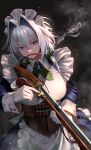  1girl absurdres adapted_costume blue_eyes blurry bow breasts brooch dark_background depth_of_field gloves greenkohgen grey_hair gun hair_bow hair_intakes highres holding holding_gun holding_weapon izayoi_sakuya jewelry large_breasts light_particles looking_to_the_side maid_headdress mouth_hold rifle smoke solo touhou weapon white_gloves 