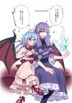  2girls absurdres adapted_costume ascot blue_hair brooch crescent crescent_hair_ornament crossed_legs demon_wings dress feet_out_of_frame frilled_shirt_collar frills grin hair_ornament hair_ribbon highres himadera ice_crystal jewelry long_hair multiple_girls one_eye_closed patchouli_knowledge pointy_ears purple_hair red_eyes red_footwear red_neckwear remilia_scarlet ribbon sash shoes sitting sleeveless sleeveless_dress smile sweatdrop teeth touhou translation_request tress_ribbon twitter_username upper_teeth violet_eyes white_background wings 