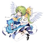  1girl angel_wings ascot bangs black_footwear blue_bow blue_dress blue_eyes blue_hair bow brown_eyes cirno crossed_arms daiyousei doll dress eyebrows_visible_through_hair full_body garter_straps green_hair hair_bow hat hat_bow high_heels highres holding holding_clothes holding_dress ice ice_wings kuroshirase long_hair looking_at_viewer pinafore_dress pointy_ears puffy_short_sleeves puffy_sleeves red_ascot shirt short_sleeves side_ponytail simple_background solo thigh-highs touhou twitter_username white_background white_legwear white_shirt white_wings wings yellow_ascot yellow_bow 