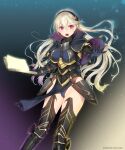  1girl armor armored_boots armored_dress black_capelet black_legwear black_leotard blonde_hair blue_background blurry bokeh book boots breastplate breasts capelet clawed_gauntlets commentary corrin_(fire_emblem) depth_of_field eyebrows_visible_through_hair feet_out_of_frame fire_emblem fire_emblem_fates floating_hair gauntlets groin hair_between_eyes hairband highleg highleg_leotard highres holding holding_book kashiwamochi_yomogi leotard leotard_under_clothes light_particles long_hair looking_at_viewer medium_breasts open_book open_hand open_mouth outstretched_arm outstretched_hand pelvic_curtain purple_background red_eyes solo thigh-highs thigh_boots thighs twitter_username v-shaped_eyebrows yellow_background 