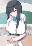  1girl akitokage01 angry armband black_hair blue_ribbon breasts bursting_breasts chalkboard classroom desk eyebrows_visible_through_hair hair_ornament hairclip highres huge_breasts leaning_forward long_hair looking_at_viewer original ribbon school_uniform standing thigh-highs zettai_ryouiki 