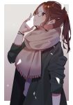  1girl blush brown_eyes brown_hair cellphone glasses gradient gradient_background grey_background highres holding holding_phone kisui_(28992125) looking_up mole mole_under_eye original phone ponytail round_eyewear scarf shiny shiny_hair simple_background smartphone talking_on_phone 