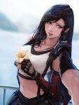  1boy 1girl black_hair black_skirt cloud_strife crop_top elbow_gloves final_fantasy final_fantasy_vii final_fantasy_vii_remake fingerless_gloves flower gloves highres long_hair looking_at_viewer midriff navel red_eyes skirt spykeee1945 suspender_skirt suspenders tifa_lockhart 