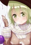  1girl absurdres bangs breasts brown_gloves closed_mouth coat eyebrows_visible_through_hair eyes_visible_through_hair gloves green_eyes green_hair hair_between_eyes hand_up hat highres komeiji_koishi looking_at_viewer mantou_xiang medium_breasts short_hair simple_background smile solo third_eye touhou upper_body white_background 