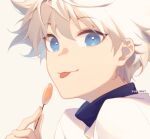  1boy bangs blue_eyes candy english_commentary eyebrows_visible_through_hair food grey_background hair_between_eyes holding holding_candy holding_food holding_lollipop hunter_x_hunter killua_zoldyck lollipop looking_at_viewer male_focus portrait shirt signature simple_background solo spiky_hair tongue tongue_out white_hair white_shirt yuelight 