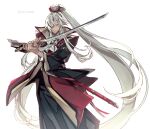  1boy amakusa_shirou_(fate) dark-skinned_male dark_skin earrings fate/grand_order fate_(series) highres holding holding_sword holding_weapon jewelry katana koshika_rina long_hair long_sleeves looking_at_viewer male_focus open_mouth smile solo sword very_long_hair weapon white_hair yellow_eyes 