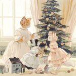  3girls animal animal_ears animal_nose barefoot black_fur black_hair bonnet candle cat_ears cat_girl cat_tail child christmas christmas_tree clothed_animal commentary dress english_commentary full_body gift highres holding indoors long_dress looking_at_another multiple_girls orange_fur orange_hair original short_hair slit_pupils standing tail tono_(rt0no) tree white_dress white_fur white_hair window 