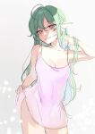  1girl absurdres bangs blush breasts clothes_lift collarbone dress dress_lift english_commentary euphie_vt eyebrows_visible_through_hair finana_ryugu green_hair grey_background hand_in_hair head_fins highres long_hair looking_at_viewer medium_breasts neck_tattoo nijisanji nijisanji_en open_hand purple_dress sketch smile solo tattoo violet_eyes 