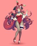  1girl absurdres alternate_costume animal_ears bangs breasts dragalia_lost dragon_tail fishnet_legwear fishnets full_body high_heels highres katsu large_breasts long_hair mym_(dragalia_lost) open_mouth rabbit_ears red_eyes redhead solo tail very_long_hair 