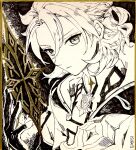  1boy albedo_(genshin_impact) bangs closed_mouth coat commentary_request eyelashes genshin_impact gloves greyscale hair_between_eyes highres hood hood_down hooded_coat looking_at_viewer male_focus monochrome scar scar_on_neck shiraishi_(siraisi00) signature solo spot_color traditional_media upper_body vision_(genshin_impact) 