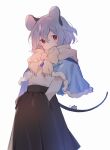  1girl akagashi_hagane animal animal_ears black_skirt fringe_trim grey_hair hair_between_eyes long_sleeves mouse mouse_ears mouse_tail nazrin pleated_skirt red_eyes scarf shirt short_hair simple_background skirt solo tail touhou white_background white_scarf white_shirt 