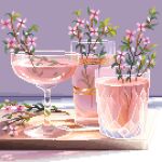  branch cup cutting_board drinking_glass english_commentary flower jubilee_(8px) no_humans original pink_flower pixel_art plant purple_background still_life wine_glass 