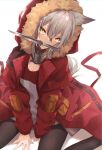  1girl animal_ears ankoro_mochi arknights bangs breasts brown_eyes commentary_request fur-trimmed_hood fur_trim grey_hair hair_between_eyes head_tilt highres hood hooded_jacket jacket knife knife_in_mouth long_hair long_sleeves looking_at_viewer mouth_hold open_clothes open_jacket partial_commentary projekt_red_(arknights) red_jacket sitting small_breasts solo wariza weapon white_background wolf wolf_ears 