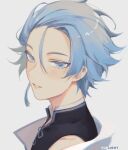  1boy alternate_costume alternate_hairstyle blush chinese_clothes chongyun_(genshin_impact) english_commentary genshin_impact grey_background hair_between_eyes light_blue_eyes looking_at_viewer male_focus parted_lips portrait signature simple_background solo yuelight 