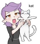  1girl amba_si amity_blight animal black_nails black_shirt brown_eyes cat ghost_(the_owl_house) holding holding_animal holding_cat long_sleeves open_mouth pointy_ears purple_hair shadow shirt short_hair simple_background smile solo the_owl_house upper_body white_background white_cat 