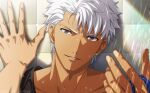 2boys akujiki59 archer_(fate) bathroom blue_hair clothed_bath cu_chulainn_(fate) dark-skinned_male dark_skin fate/grand_order fate/stay_night fate_(series) grey_eyes hand_on_wall implied_yaoi kabedon looking_at_viewer male_focus multiple_boys open_mouth pov short_hair shower_(place) smile tile_wall tiles upper_body wet white_hair 