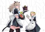  1boy 1girl animal_ears apron blonde_hair blue_eyes cake cat_ears cat_tail crossdressing fake_animal_ears fake_tail food green_eyes highres kaninn link looking_at_viewer maid maid_apron maid_headdress meat mushroom otoko_no_ko plate pointy_ears princess_zelda scar tail the_legend_of_zelda the_legend_of_zelda:_breath_of_the_wild thigh-highs zettai_ryouiki 