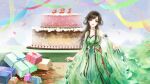  1girl baiguio_(zhu_xian) bi_yao_zhuye cake china_dress chinese_clothes dress food gift green_dress hair_ornament hair_rings highres long_hair long_sleeves smile streamers zhu_xian 