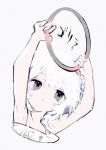  1girl arms_up daydremec frills grey_background grey_eyes hair_between_eyes holding looking_up medium_hair parted_lips ring_fit_adventure simple_background solo translation_request white_hair white_theme 