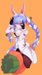  1girl :3 absurdres animal_ear_fluff animal_ears bangs black_gloves blue_hair blush bow braid carrot_hair_ornament closed_mouth commentary_request detached_sleeves don-chan_(usada_pekora) dress eyebrows_visible_through_hair food-themed_hair_ornament gloves hair_between_eyes hair_bow hair_ornament highres hololive long_hair looking_at_viewer mcbox multicolored_hair orange_eyes pantyhose rabbit_ears rabbit_girl rabbit_tail short_eyebrows short_sleeves solo strapless strapless_dress stuffed_carrot tail thick_eyebrows twin_braids twintails two-tone_hair usada_pekora virtual_youtuber white_bow white_dress white_hair 
