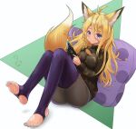  1girl ahoge animal_ears antenna_hair ass blonde_hair blue_eyes blue_nails braid breasts closed_mouth commentary_request crescent_moon cushion eyebrows_visible_through_hair eyelashes fang feet fox_ears fox_girl fox_tail full_body hair_between_eyes hair_ornament hairclip highres knees_together_feet_apart large_breasts leaning_back long_hair long_sleeves looking_at_viewer mole mole_under_eye moon nail_polish nintendo_switch no_shoes original purple_legwear sidelocks signature simple_background sitting skin_fang smile soles solo sweater t3x tail thighs toenail_polish toenails toes turtleneck turtleneck_sweater two-tone_background 