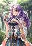  1girl bangs bird bird_on_hand circlet dress fire_emblem fire_emblem:_the_blazing_blade florina_(fire_emblem) flower foliage forest green_eyes highres long_hair nature outdoors purple_hair smile solo sunlight tree wszkii 