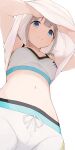  1girl breasts closed_mouth eyebrows_visible_through_hair from_below grey_hair highres hiroki_(yyqw7151) idolmaster idolmaster_shiny_colors looking_at_viewer medium_breasts midriff navel serizawa_asahi simple_background smile solo sportswear white_background 