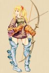  1girl archer_(fft) blonde_hair boots bow_(weapon) closed_mouth dress final_fantasy final_fantasy_tactics full_body gloves highres long_hair parody ponytail shinichi_kobe simple_background solo style_parody thigh-highs thigh_boots weapon yoshida_akihiko_(style) 