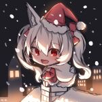  1girl :d animal_ear_fluff animal_ears bangs barefoot bow chibi chimney commentary_request dress eyebrows_visible_through_hair fox_ears fox_girl fox_tail fur-trimmed_dress fur-trimmed_headwear fur_trim grey_hair hair_between_eyes hair_bow hat highres long_hair looking_at_viewer night night_sky original outdoors red_bow red_dress red_eyes rooftop santa_costume santa_hat sitting sky smile snow snowing solo tail twintails very_long_hair yuuji_(yukimimi) 
