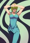  absurdres armpits arms_up blue_eyes breasts closed_mouth foo_fighters green_hair hands_on_own_head highres ibaraki_shun jojo_no_kimyou_na_bouken lips lipstick makeup medium_breasts overalls red_lips stone_ocean 