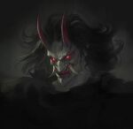  1boy black_hair colored_sclera colored_skin fangs floating floating_hair glowing glowing_eyes grey_hair grey_sclera grey_skin horns long_hair male_focus multicolored_hair nat_the_lich oni oni_horns open_mouth original painterly pointy_ears red_eyes red_horns slit_pupils solo streaked_hair teeth torn torn_clothes tusks 