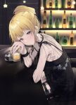 1girl alcohol bar blonde_hair blue_eyes counter dress earrings eyebrows_visible_through_hair glass hair_bun highres hololive hololive_english holster jewelry looking_at_viewer necklace see-through see-through_dress see-through_sleeves sitting solo syhan thigh_holster virtual_youtuber watson_amelia 