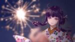  1girl blurry film_grain fireworks highres japanese_clothes kimono needle night night_sky purple_hair qin_shi_ming_yue shao_siming_(qin_shi_ming_yue) shao_siming_guang_wei sky smile tied_hair violet_eyes 
