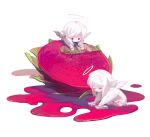  2others albino androgynous angel angel_wings bandaid bangs chibi cleaning commentary_request dragon_fruit food food_on_face halo highres juice long_sleeves multiple_others original outstretched_arms oversized_food oystermiao pale_skin rag red_eyes seiza sidelocks simple_background sitting white_background white_hair white_wings wings 