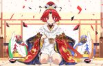  &gt;_&lt; 1girl absurdres apron benienma_(fate) bird bowl chopsticks confetti fate/grand_order fate_(series) hat highres melt_(ghfla10) red_eyes redhead rice rice_bowl seiza sitting smile sparrow wide_sleeves 