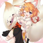  1girl ahoge animal_ears bangs braid breasts eight-tailed_fox_nari fox_ears fox_girl fox_shadow_puppet fox_tail guardian_tales hair_ornament hairclip highres korean_clothes multiple_girls one_eye_closed open_mouth orange_hair schnee_tan simple_background small_breasts solo tail violet_eyes 