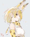  1girl animal_ears blush bow bowtie breasts closed_mouth elbow_gloves extra_ears eyebrows_visible_through_hair from_side gloves heart heart-shaped_pupils highres kemono_friends lips looking_at_viewer medium_breasts orange_bow orange_bowtie orange_gloves orange_hair serval_(kemono_friends) short_hair smile solo symbol-shaped_pupils tail upper_body wamawmwm 