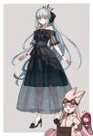  3girls alternate_costume bag baggy_clothes bare_shoulders black_bow black_dress black_footwear blue_flower blue_rose border bow bowtie braid breasts brown_bag closed_eyes closed_mouth commentary_request dress eeu_(musuka73) eyebrows_visible_through_hair fairy_knight_tristan_(fate) fate/grand_order fate_(series) flower french_braid full_body grey_eyes grey_hair habetrot_(fate) hair_between_eyes hair_bow hair_intakes hair_ornament hands_up hat high_heels large_breasts long_hair long_sleeves looking_at_viewer morgan_le_fay_(fate) multiple_girls open_mouth outside_border pink_dress pink_hair pink_headwear pointy_ears ponytail purple_hair rose satchel see-through sidelocks sleeveless sleeveless_dress smile strapless strapless_dress tiara very_long_hair white_border 
