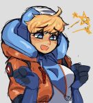  1girl apex_legends bangs blue_eyes blue_gloves bodysuit breasts clenched_hands cowlick english_commentary eyebrows_visible_through_hair freckles gloves grey_background hood hooded_jacket jacket looking_down medium_breasts mercysstrap open_mouth orange_jacket sketch smile solo star_(symbol) upper_body wattson_(apex_legends) white_bodysuit 