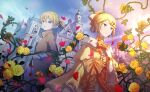  aku_no_meshitsukai_(vocaloid) allen_avadonia blonde_hair blue_eyes castle cosplay costume_switch crossdressing dress evillious_nendaiki expressionless flower frilled_sleeves frills hair_ornament hairclip hand_up highres kagamine_len kagamine_rin looking_back off-shoulder_dress off_shoulder official_art project_sekai ribbon riliane_lucifen_d&#039;autriche rose siblings thorns vocaloid yellow_flower yellow_rose 