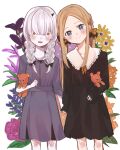  2girls abigail_williams_(fate) bangs black_dress blonde_hair blue_eyes blush braid breasts draw_happy_set dress fate/grand_order fate_(series) flower forehead grey_dress highres holding_hands horns lavinia_whateley_(fate) long_hair long_sleeves looking_at_viewer multiple_girls open_mouth parted_bangs single_horn small_breasts smile stuffed_animal stuffed_toy teddy_bear thighs twin_braids twintails violet_eyes white_hair wide-eyed 