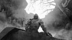  1other armor artist_name bare_tree breastplate coffin dark_souls_(series) dark_souls_iii gauntlets grass greyscale helm helmet highres knight l_aciel looking_up monochrome outdoors pauldrons shoulder_armor sitting solo tombstone torn torn_clothes tree vambraces 