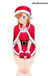  1girl absurdres angel_gabriel. bare_legs belt blush breasts christmas dress embarrassed gloves hat highres long_hair looking_at_viewer love_live! love_live!_superstar!! orange_hair red_dress red_gloves revision santa_costume santa_dress santa_hat shibuya_kanon short_dress short_hair simple_background skirt skirt_hold skirt_tug solo thighs twitter_username violet_eyes white_background 